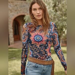 Johnny Was Multicolor Mandala Mesh Long Sleeve Top